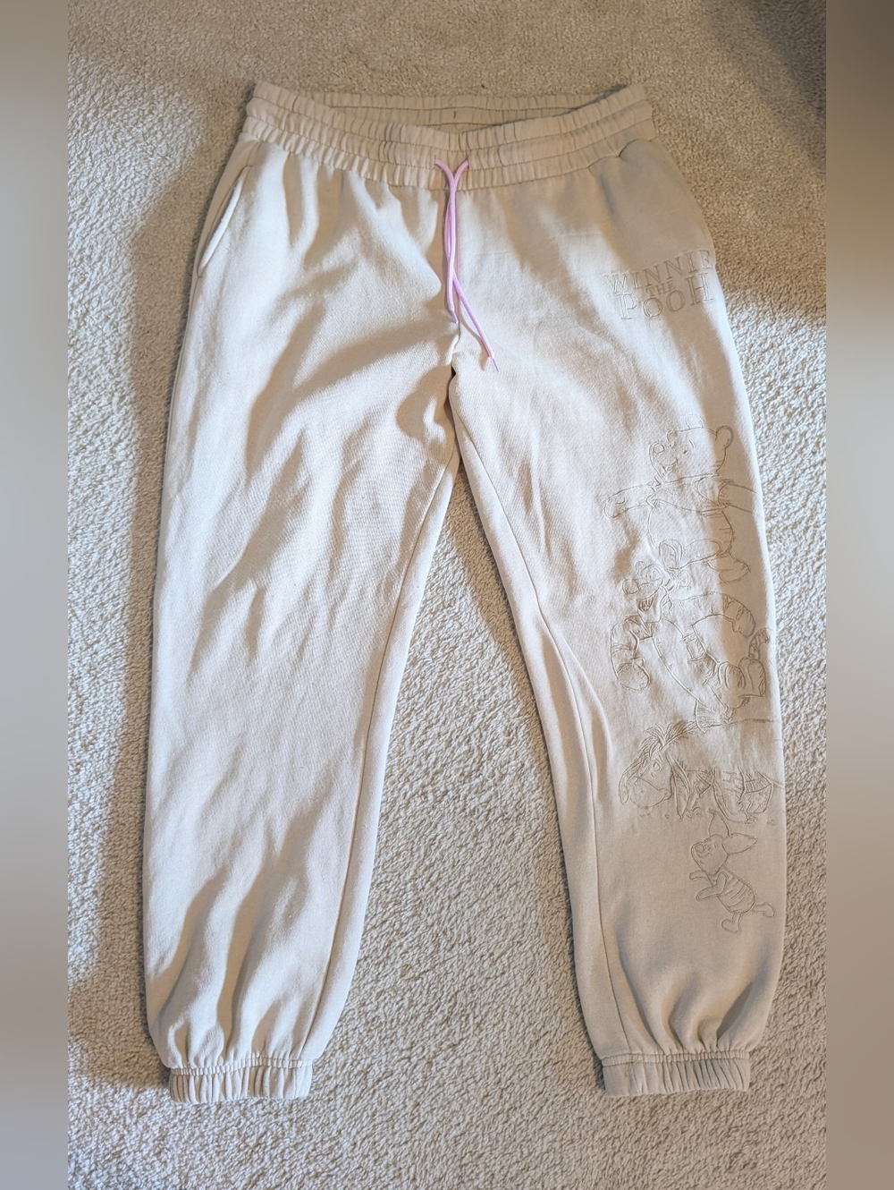 Disney Winnie The Pooh Cream Embroidered Jogger Sweatpants with Pink Drawstring